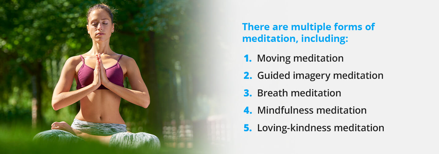 Forms of meditation include movement, guided imagery, breath, mindfulness, and loving-kindness.